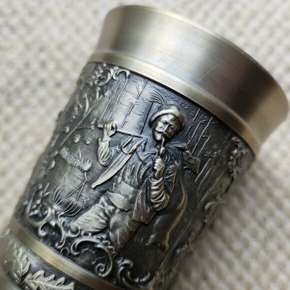 PEWTER Art 3D Hunting Scene Wine GOBLET Man smoking Pipe Deer Stag Leaf Chalice - Picture 4 of 8